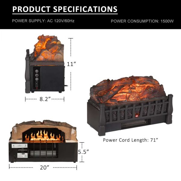 Electric Insert Log Quartz Fireplace Realistic Ember Bed Fan Heater in Black 3