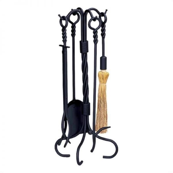 Fireplace Tool Set with Cast Iron Cats & 5 Piece Black Wrought Iron Ring and Swirl Fireset 2