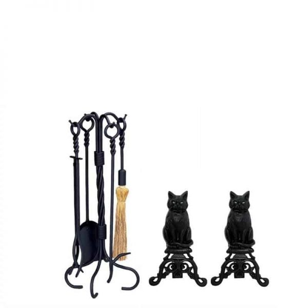 Fireplace Tool Set with Cast Iron Cats & 5 Piece Black Wrought Iron Ring and Swirl Fireset