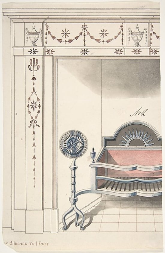 Fireplace and Grate Design with Sunflower Andirons Poster Print by Anonymous British 19th century (18 x 24)