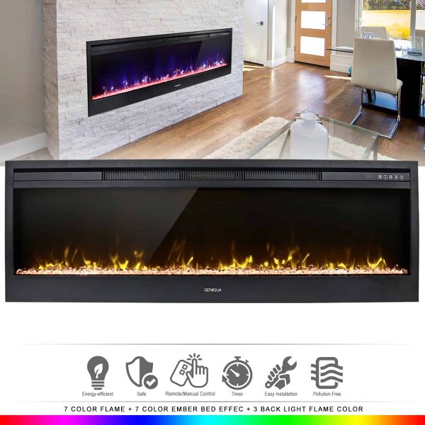 Geniqua 58" Electric Fireplace Heat Insert Wall Heater Adjust 3D Crystal Flame +Remote 1