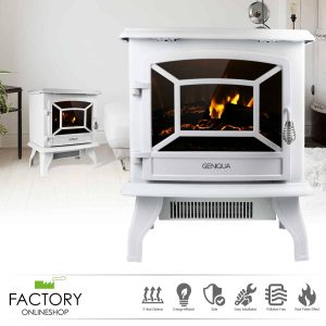 Geniqua White 17" Electric Fireplace Heater Freestanding Wood Fire LED Flame Warm Stove