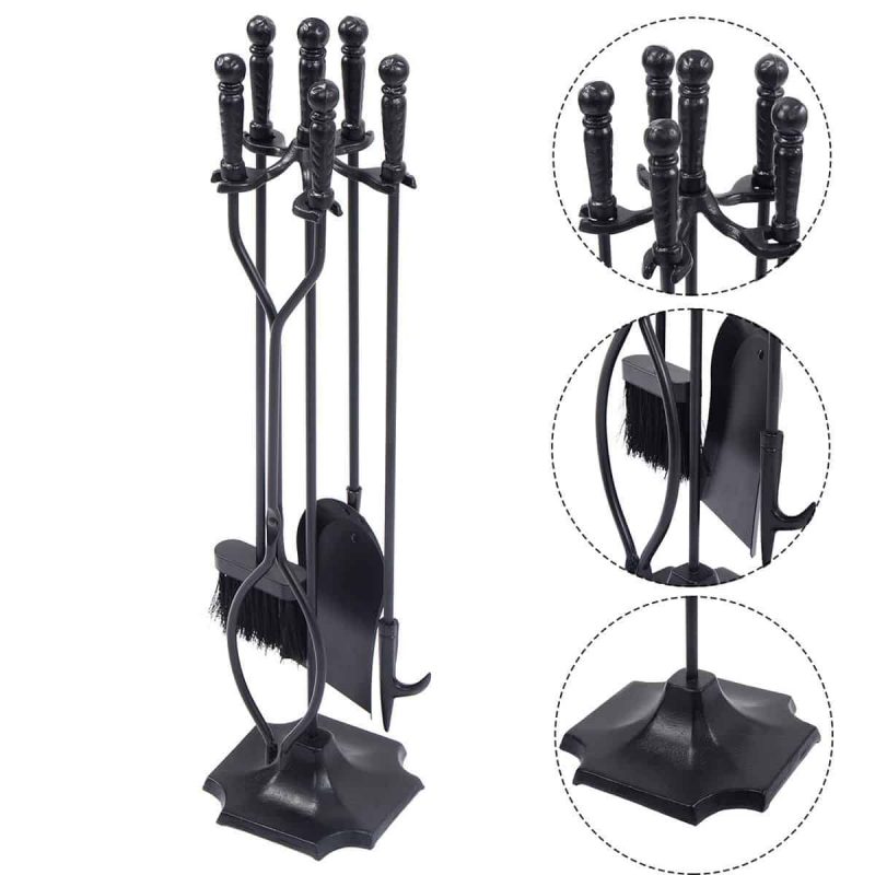 Goplus 5 PCS Hearth Tool Fireplace Set Fire Tools Set Black Home 31'' Pedestal Base