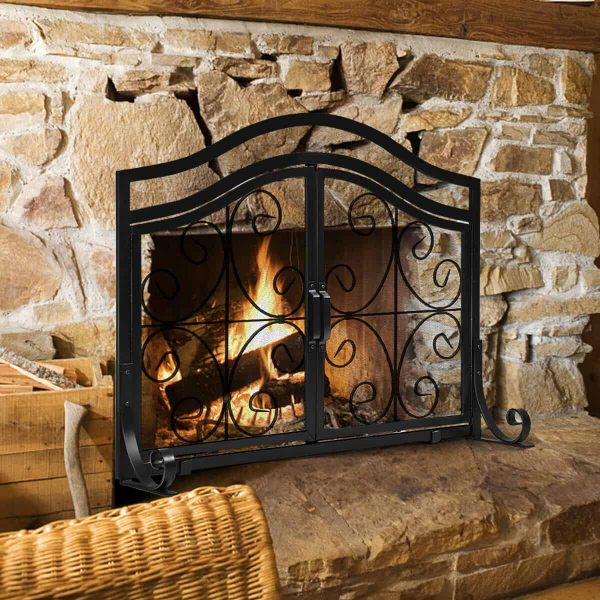 Gymax Fireplace Screen with Hinged Magnetic Two-doors Flat Guard Freestanding Black 6