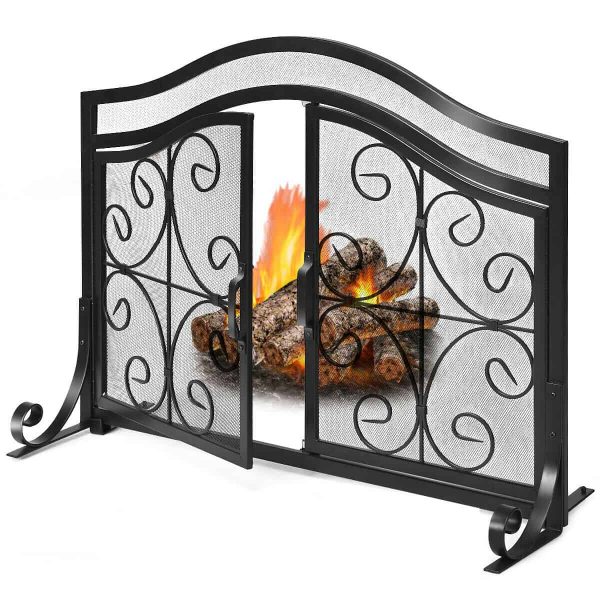Gymax Fireplace Screen with Hinged Magnetic Two-doors Flat Guard Freestanding Black 8