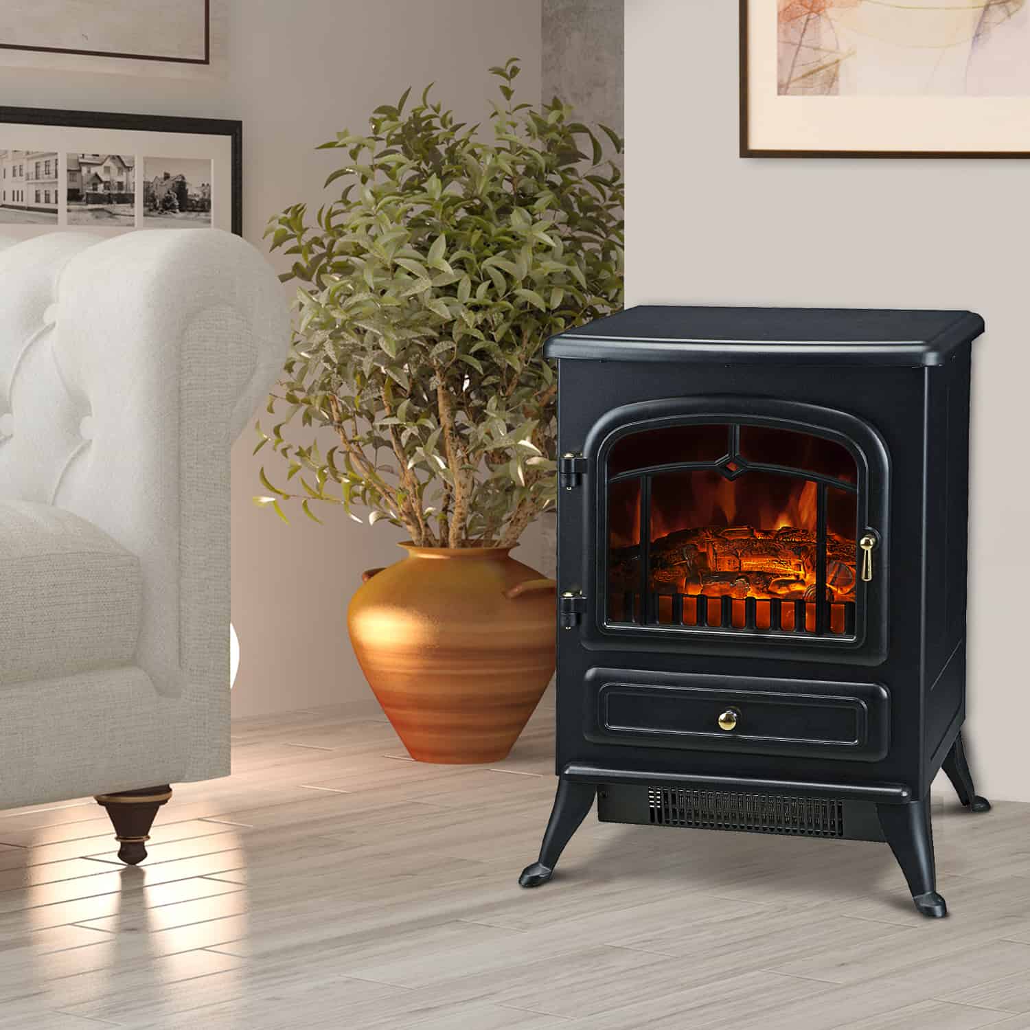 HOMCOM Freestanding Electric Fireplace Heater With Realistic Flames 21quot H 1500W Black 1 