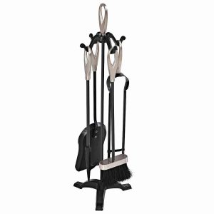 Hearth Tool 5 sets Pendant Tongs Fire Hook Brush Shovel Black Nickel w/ 25" Pedestal Base