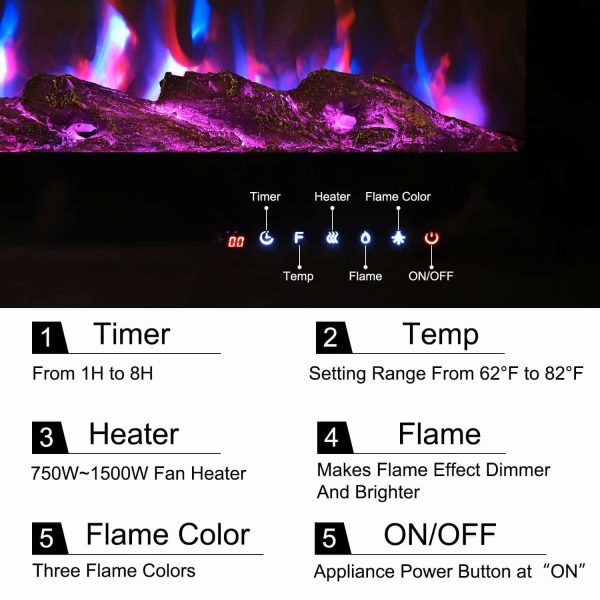 Kinbor 50" Electric Wall Mounted 3-Color Lighting Flame 1500/750W Remote Control with Timer 1
