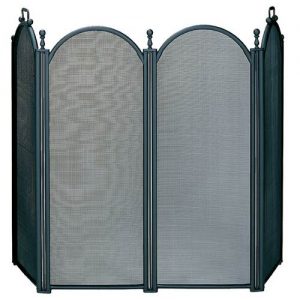 Large Black Four Fold Fireplace Screen With Woven Mesh