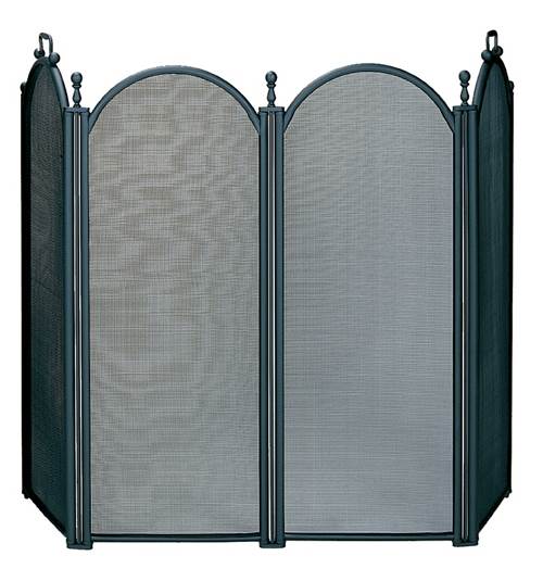 Large Black Four Fold Fireplace Screen With Woven Mesh