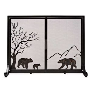 Large Shenandoah Mountain Bear Family Fireplace Fire Screen with Doors