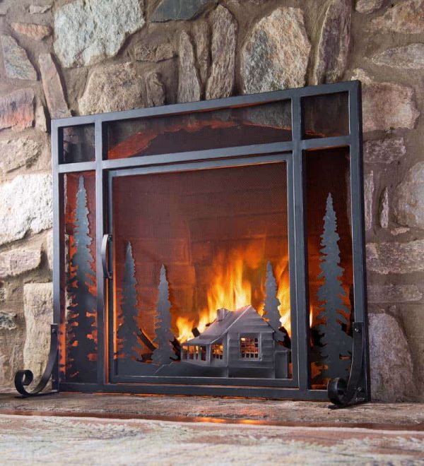 Mountain Cabin Small Fireplace Fire Screen with Door