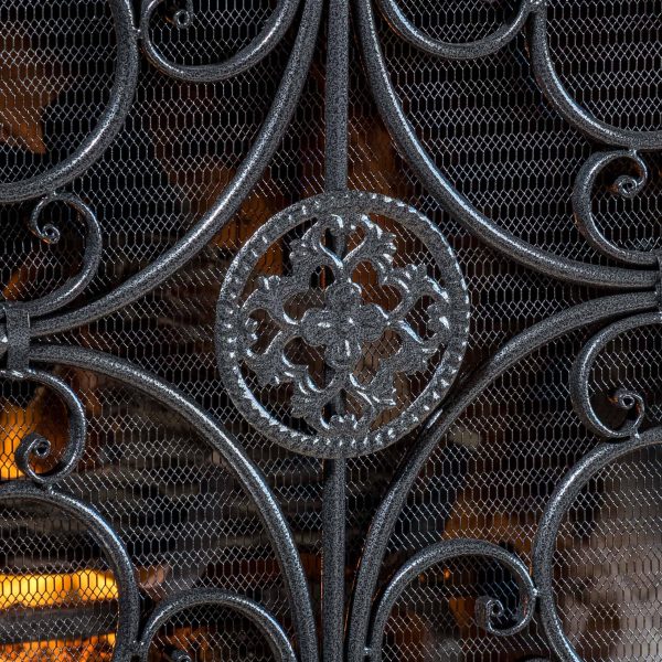 Noble House Crenshaw Iron Fireplace Screen, Silver Flower on Black 1