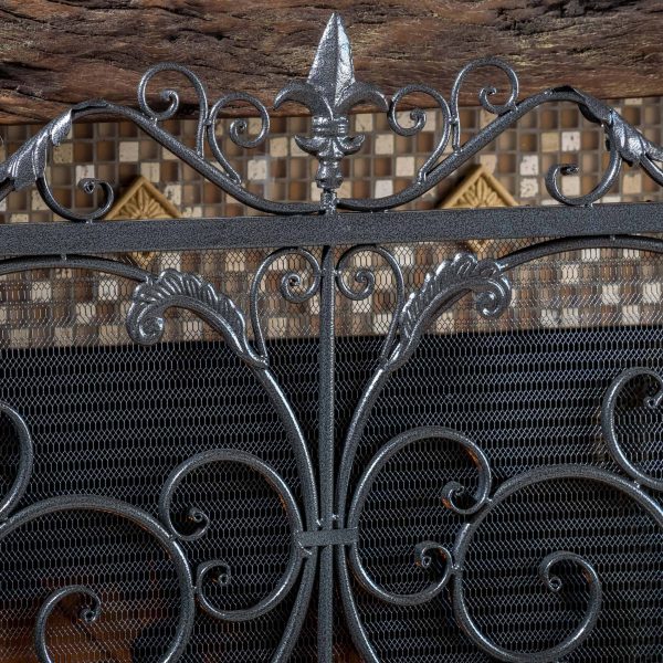 Noble House Crenshaw Iron Fireplace Screen, Silver Flower on Black 3