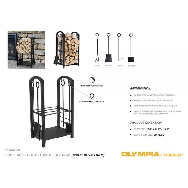 Olympia Tools 87-368 5 Piece Iron Construction Fireplace Tool Set with Log Rack 6