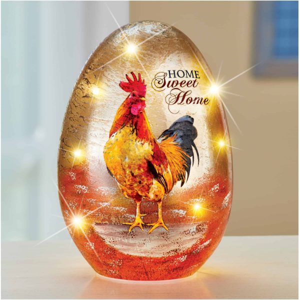 Painted Rooster LED Lighted Glass Egg Decor - Home Sweet Home - Perfect Atop a Mantel
