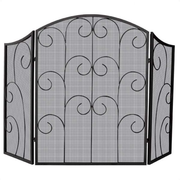 Pemberly Row 3 Panel Black Wrought Iron Screen with Decorative Scroll