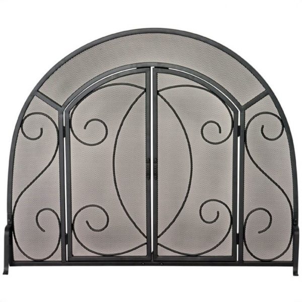 Pemberly Row Single Panel Black Wrought Iron Ornate Screen With Doors