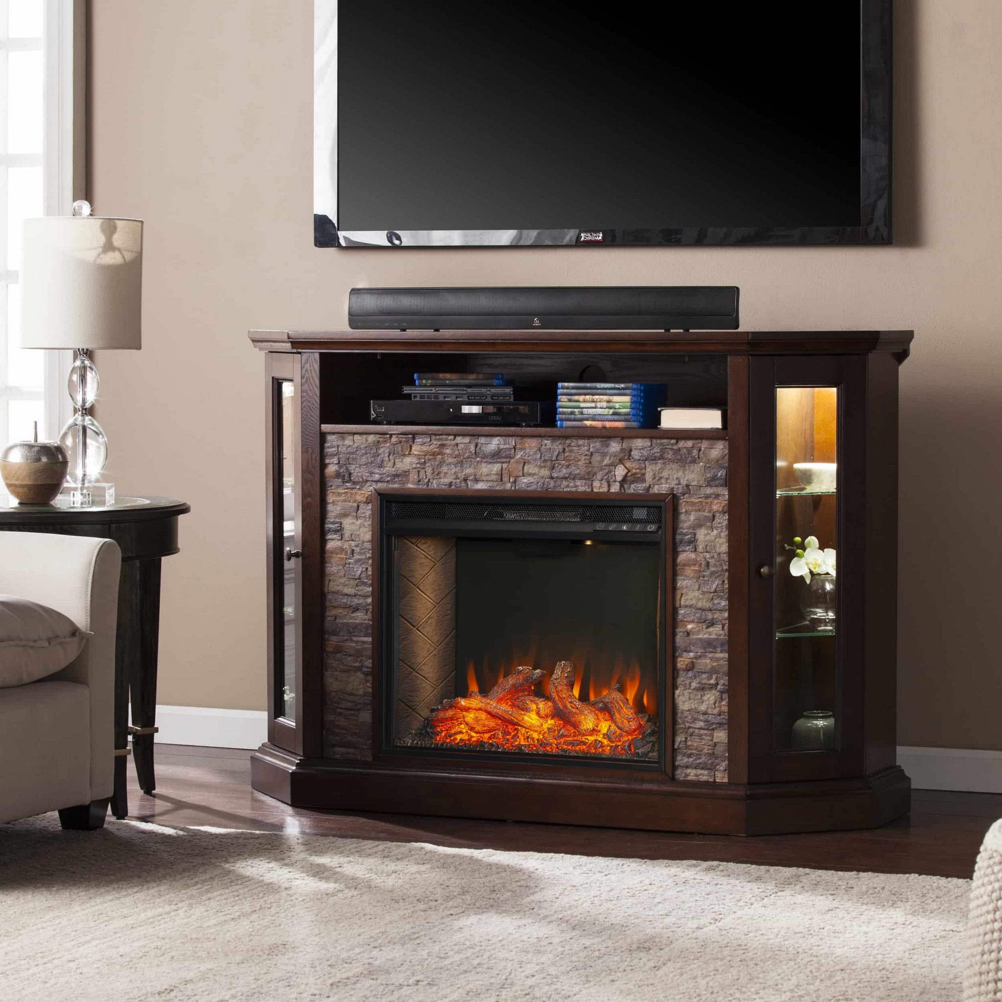 Renstone Corner Convertible Smart Fireplace w/ Storage – Espresso ...