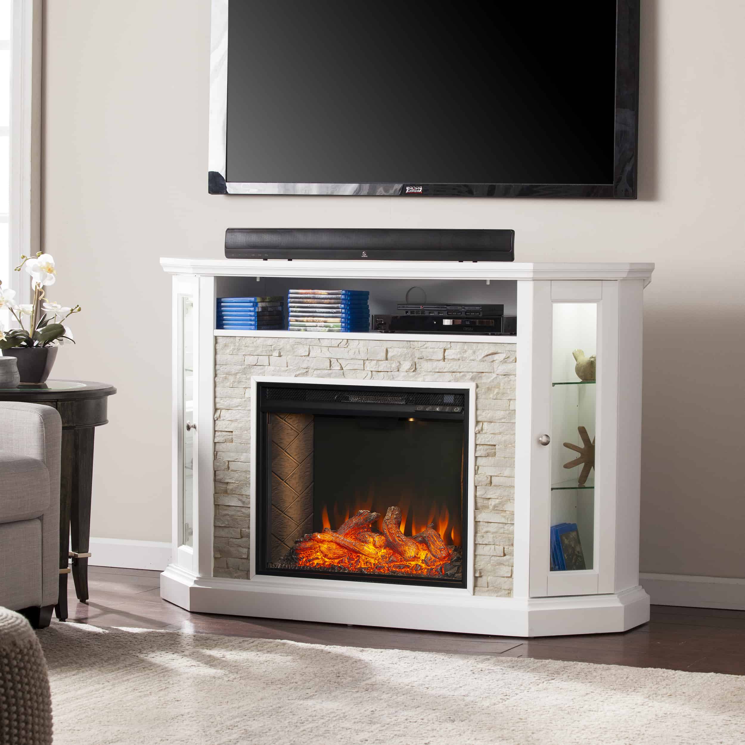 Камин декоративный для квартиры под телевизор фото Renstone Corner Convertible Smart Fireplace w/ Storage - White - Fireplacess.com