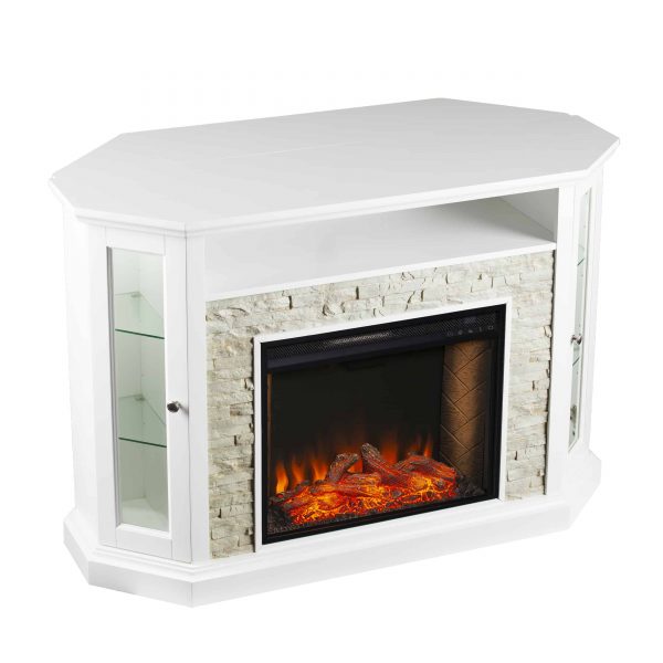 Renstone Corner Convertible Smart Fireplace w/ Storage – White 1