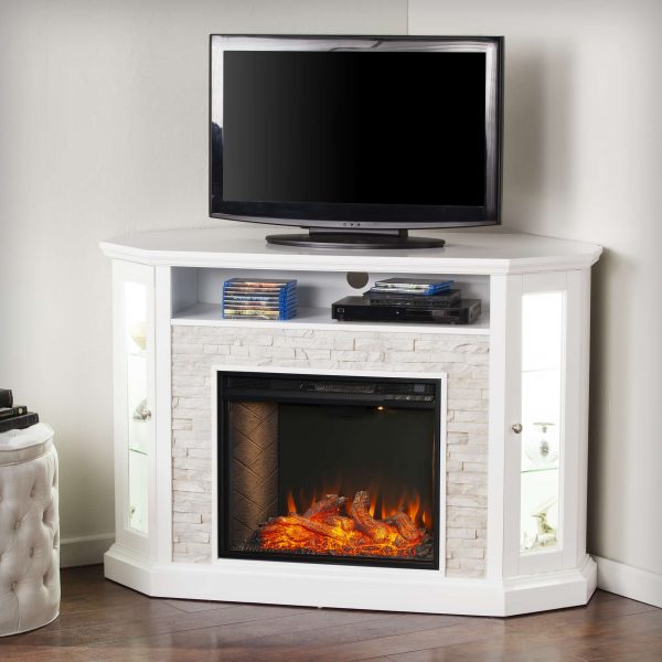 Renstone Corner Convertible Smart Fireplace w/ Storage – White 9