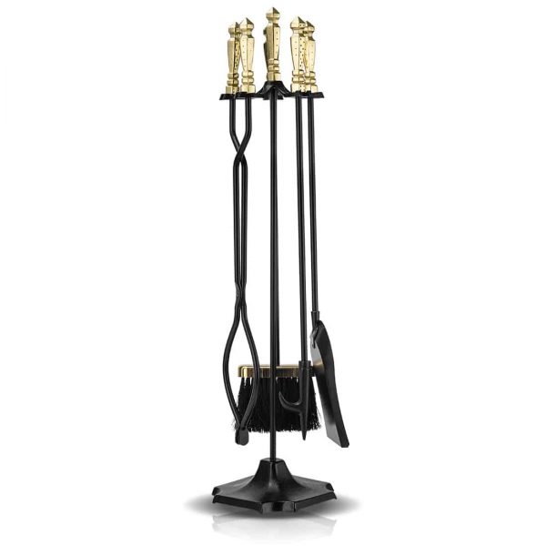 Rustic Wrought Iron 5 Pieces Fireplace Tool Set with Poker Tongs Broom Shovel and Stand 1