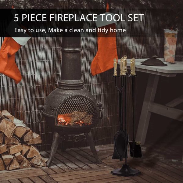 Rustic Wrought Iron 5 Pieces Fireplace Tool Set with Poker Tongs Broom Shovel and Stand 3