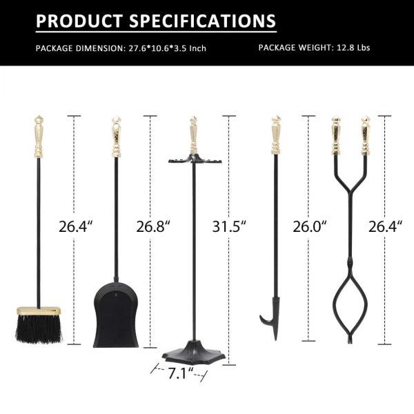 Rustic Wrought Iron 5 Pieces Fireplace Tool Set with Poker Tongs Broom Shovel and Stand 7
