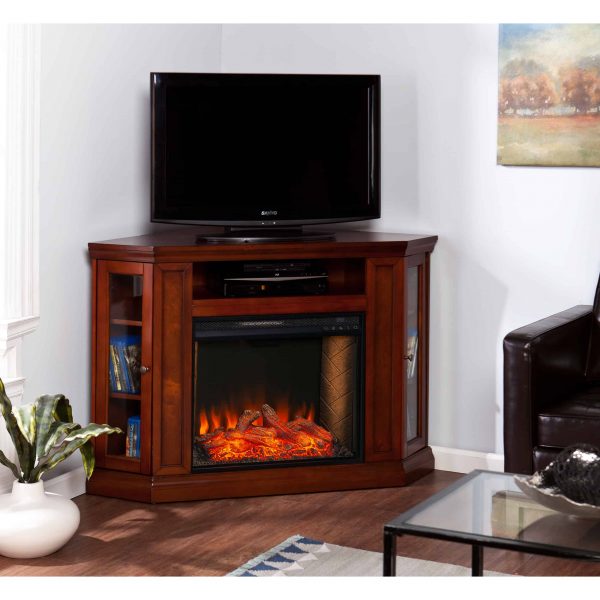 Silverado Smart Corner Fireplace w/ Storage – Brown Mahogany
