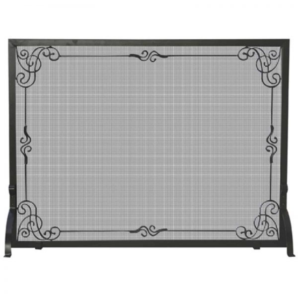 Single Panel Black Wrought Iron Screen with Decorative Scroll