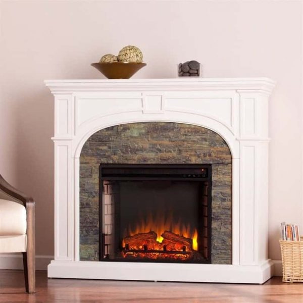 Southern Enterprises Tanaya Faux Stone Electric Fireplace in White