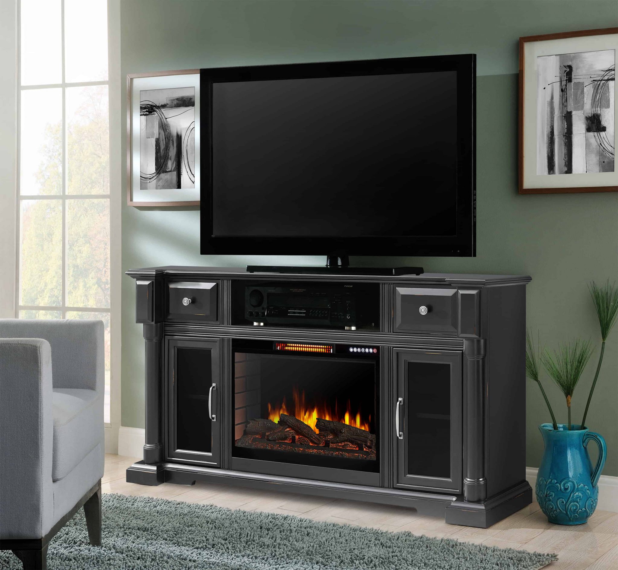 Vermont 60in Media Electric Fireplace with Bluetooth in Aged Black
