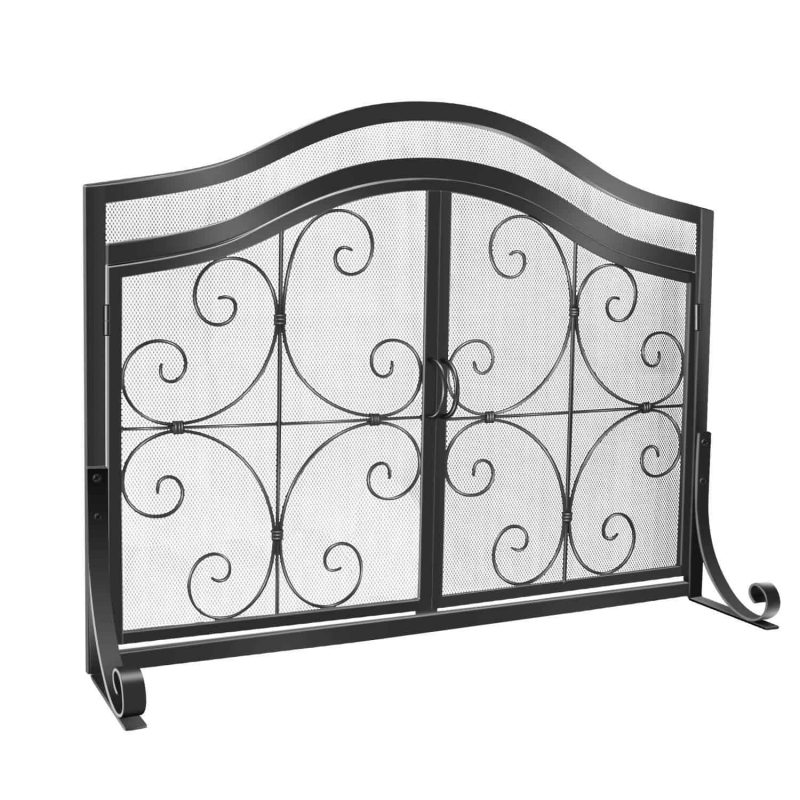 Wrought Iron Fireplace Screen with Doors Large Flat Guard Metal Decorative Mesh Cover Firewood Burning Stove Tools Black